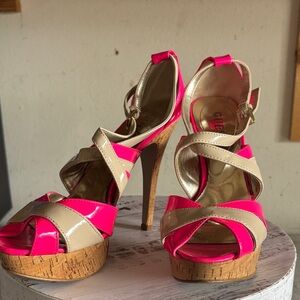 Guess Hot Pink and Beige Patent Leather Platform Heels